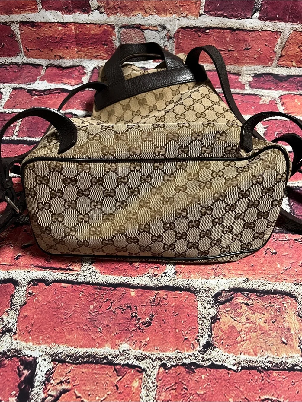 Gucci Beige Brown GG Monogram Drawstring Backpack
